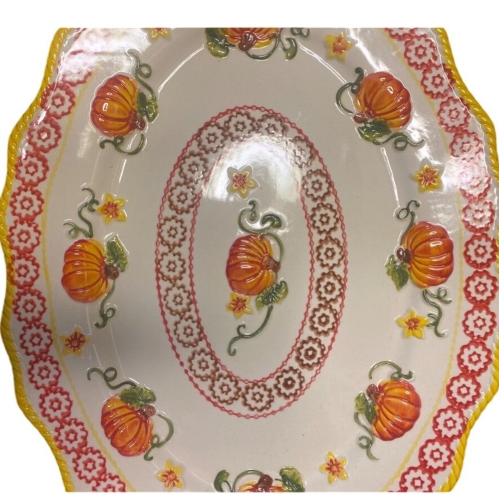 Temp-tations Old World Pumpkin Harvest Oval Serving Platter Scalloped Ceramic - Picture 3 of 4